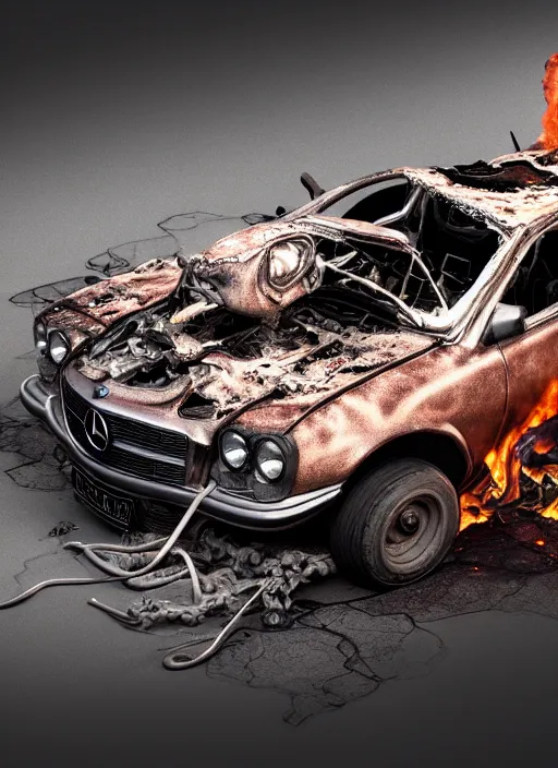 Prompt: a big woman intertwined axolotl in burning wrecked mercedes 1 2 4, ultrafine hyperdetailed illustration by kim jung gi, masterpiece. rendered in blender, ultra realistic, smooth shadows, ultra detail, high resolution, cinematic, unreal 6, 8 k