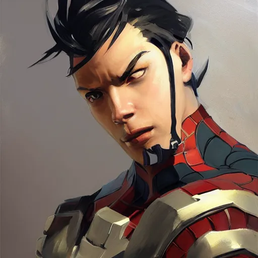 Image similar to greg manchess portrait painting of partially armored shonen spiderman as overwatch character, medium shot, asymmetrical, profile picture, organic painting, sunny day, matte painting, bold shapes, hard edges, street art, trending on artstation, by huang guangjian, gil elvgren, ruan jia, greg rutkowski, gaston bussiere