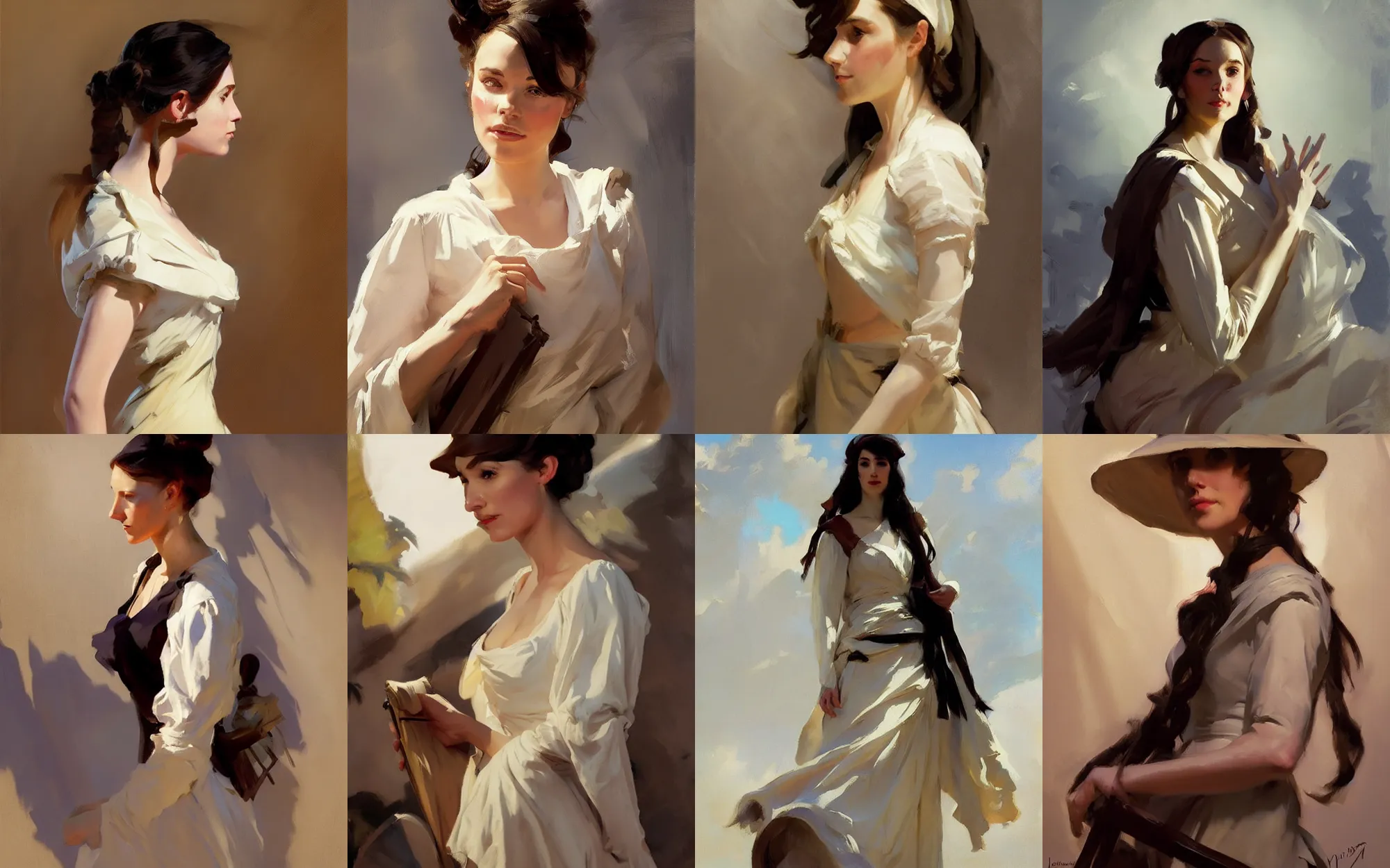 Prompt: portrait of young woman traveler in dress cloth greg manchess painting by by sargent and leyendecker, d & d, fantasy, medium shot, asymmetrical, intricate, elegant, matte painting, illustration, hearthstone, by greg rutkowski, by greg tocchini, by james gilleard, by joe fenton