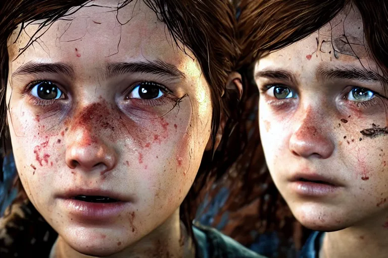 Image similar to an amazing photo, extreme close-up of the face of a young ellie from The last Of Us, award winning photo, very detailed, cinematic, beautiful lighting effects