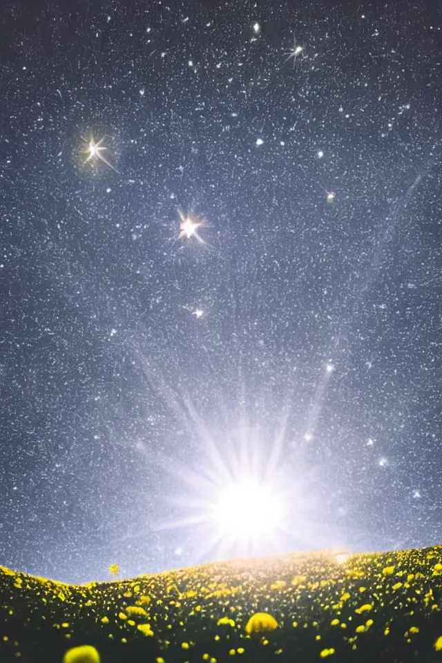 Prompt: low angle, shot from below. two big moons in night sky. milky way. field of big frozen yellow flowers. starfield and galactics in the sky. galactics in the sky. lens flare, bokeh