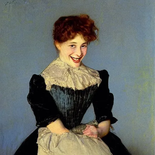 Image similar to young victorian lady laughing, painted by alfred stevens