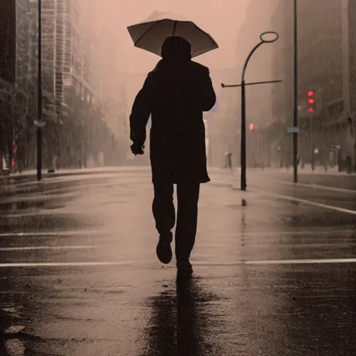 Prompt: a photograph of a man running down the street wearing a hat on a rainy day on expired kodak film, 3 5 mm, award - winning photograph, striking lighting, perfect composition