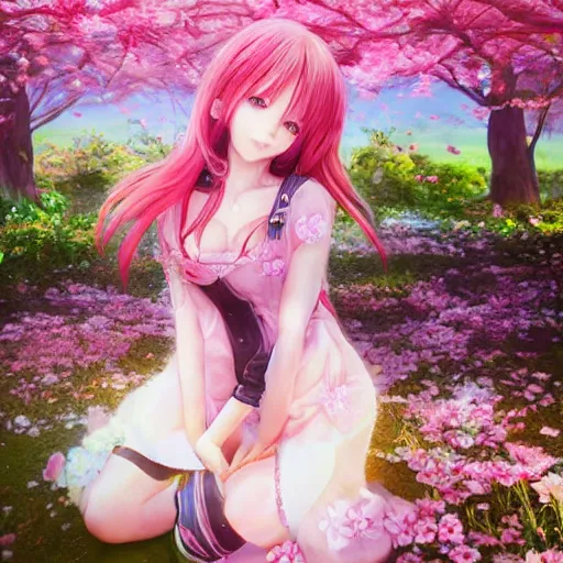 Light pink short hair anime girl surrounded by Sakura cherry blossom trees  - AI Generated Artwork - NightCafe Creator