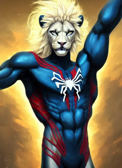 Prompt: aesthetic portrait commission of a of a male fully furry muscular anthro albino lion wearing an attractive sci-fi cybperpunk Spiderman suit with a tail and a beautiful attractive hyperdetailed face at golden hour. Character design by charlie bowater, ross tran, artgerm, and makoto shinkai, detailed, inked, western comic book art, 2021 award winning film poster painting