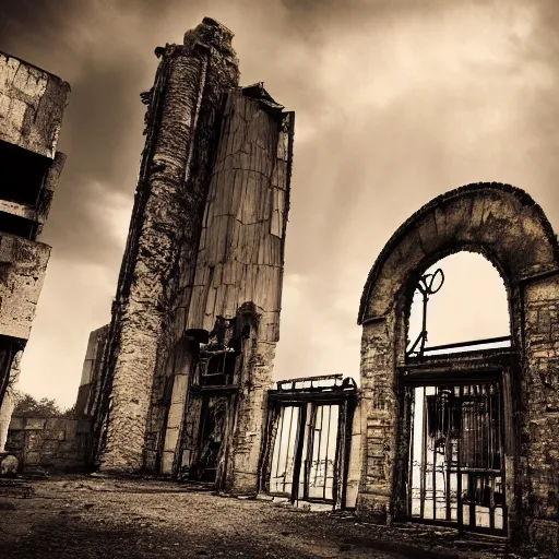 Prompt: a dark steampunk city ruins, professional photo, dramatic lighting - n 3