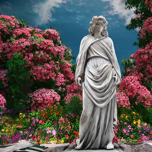Image similar to a marble statue covered in flowers, full frame, cinematic light, 8k, hyper detailed , unreal engine,
