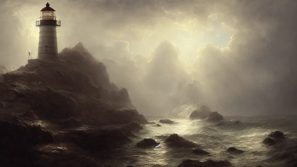 Prompt: lighthouse in the cave, andreas achenbach, artgerm, mikko lagerstedt, zack snyder, tokujin yoshioka