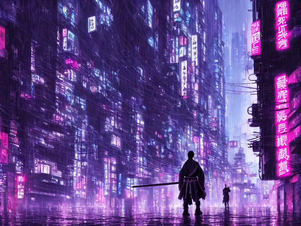 Prompt: high detailed lone samurai in a cyberpunk rainy city at night by Kentaro Miura, purple and pink and blue neons, unreal engine, high quality, 4K, UHD, trending on ArtStation, wires, blade runner vibes, ghost in the shell, akira, dorohedoro