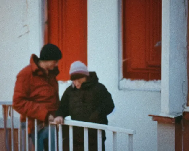 Image similar to lomo photo of pair standing on small hrushevka balcony full with cigarette smoke in small russian town looking at sunset, cinestill, bokeh