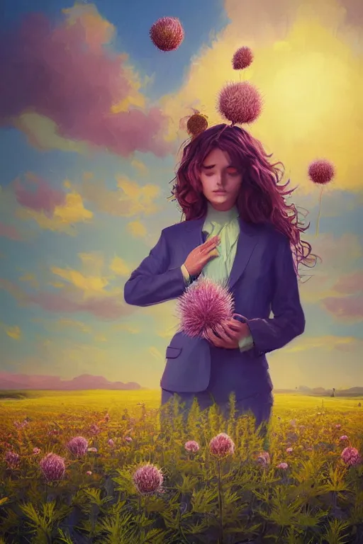 Image similar to portrait, huge thistle flower under head, a girl in a suit in field of flowers, surreal photography, sunrise, blue sky, dramatic light, impressionist painting, digital painting, artstation, simon stalenhag