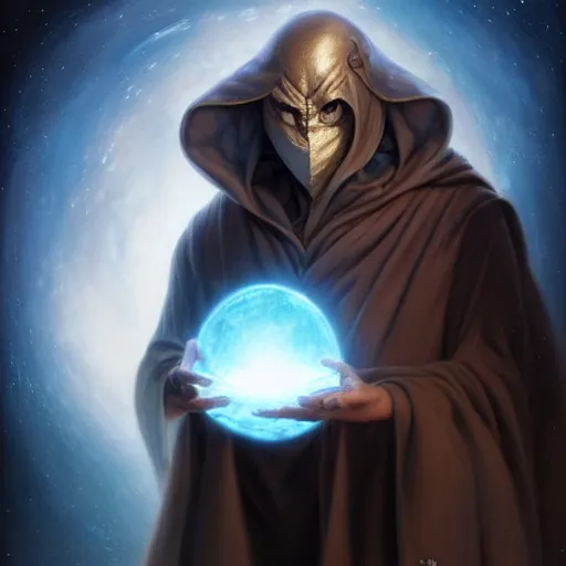 Prompt: creator of worlds wearing a cloak, masked, and holding a holographic planet projection in his hand, detailed, sci - fi, digital painting, artstation, sharp focus, illustration, ominous, artgerm, tomasz alen kopera, peter mohrbacher, donato giancola, joseph christian leyendecker, wlop, frank frazetta