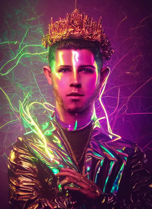 Prompt: photo of baroque and bladerunner delicate neon emerald sculpture of seductive prince nick jonas tigers orange iridescent humanoid deity wearing metallic jungle leaves holding the sun prismatic dungeon, glowing rainbow face, crown of white diamonds, cinematic lighting, photorealistic, octane render 8 k depth of field 3 d
