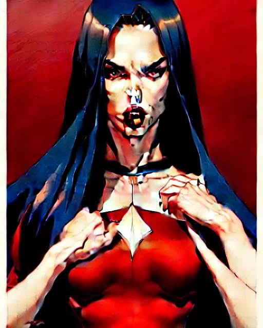 Image similar to artgerm, joshua middleton comic cover art, full body pretty megan fox vampire sharp teeth, red dress, symmetrical eyes, symmetrical face, long curly black hair, dark castle background background, cinematic lighting