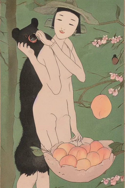 Image similar to a girl with a peach in her hands stands beside an anthropomorphic black bear, offering the peach to the bear. in the style of foujita tsuguharu