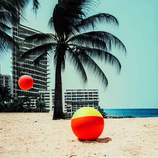 Image similar to noisy color photograph of an underground retrofuturist liminal space, staggered terraces, lonely palm tree next to a beach ball, deformations, minimalist, cinematic, soft vintage glow