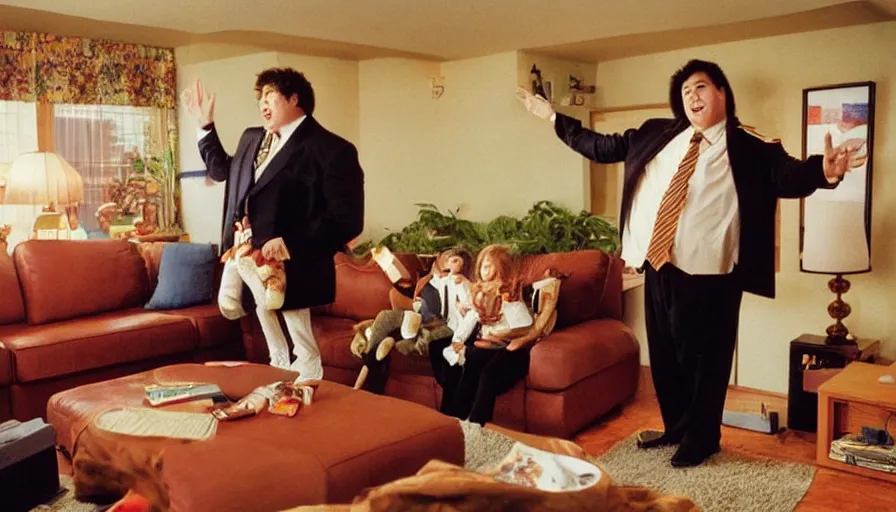 Image similar to 1990s candid 35mm photo of a beautiful day in the family living room, cinematic lighting, cinematic look, golden hour, a very large, oversized Japanese magical costumed car salesman mascot is hanging out of the TV and aggressively trying to sell the family and kids a sports car by force, the costumed salesman is a very large giant, he has fancy decorations on his costume, there is an expensive sports car in the living room with the family, sports car in the room, UHD