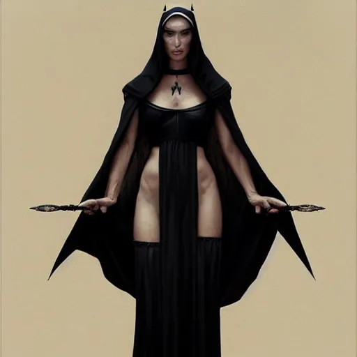 Image similar to portrait of megan fox as a nun, in tight black robe, muscular upper body, collar, greek, jewelry, black dress, fantasy, intricate, elegant, highly detailed, digital painting, artstation, concept art, matte, sharp focus, illustration, art by aenaluck and roberto ferri and greg rutkowski, epic fantasy, digital painting