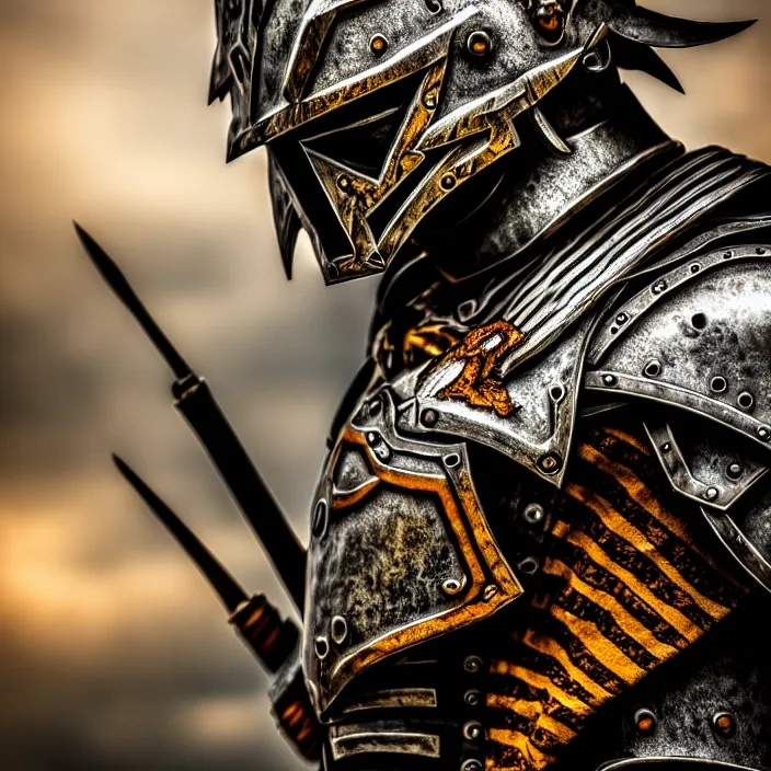 Image similar to photo of a warrior with metal tiger themed armour, highly detailed, 4 k, hdr, smooth, sharp focus, high resolution, award - winning photo