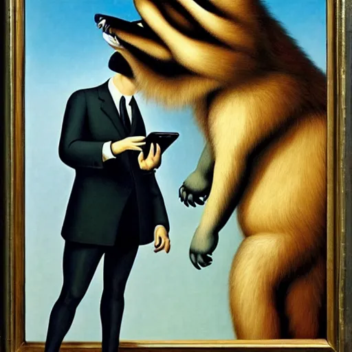 Image similar to an anthropomorphic male wolf fursona checking his smartphone, surrealism, by salvador dali and rene magritte, oil on canvas, soft lighting