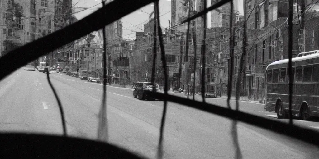 Image similar to telephone wires out of a bus window, leica, 2 4 mm lens, cinematic screenshot from the 2 0 0 1 surrealist film directed by charlie kaufman, kodak color film stock, f / 2 2, 2 4 mm wide angle anamorphic