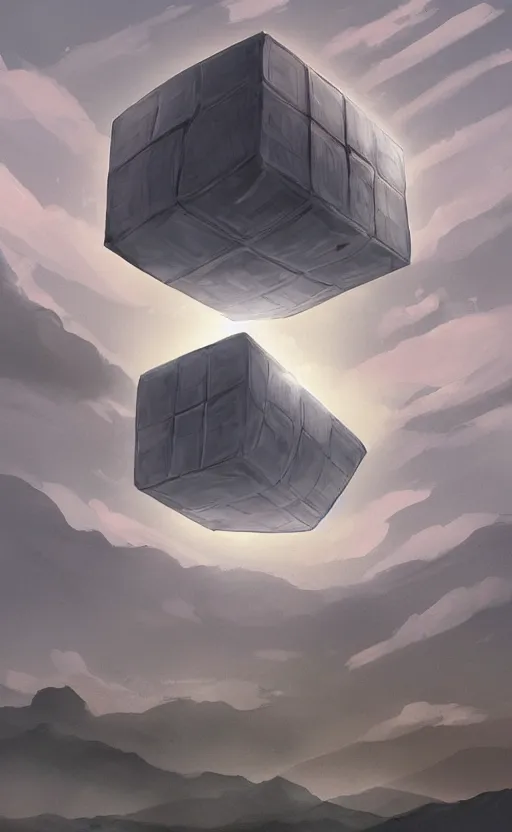 Image similar to an asymmetrical cell - shaded studio ghibli concept art study of a huge silver cube ufo in the sky. an elegant alien is on the ground. very dull colors,, hd, 4 k, hq