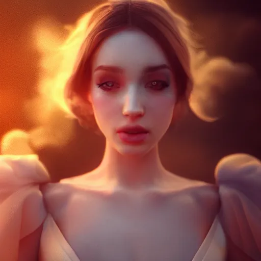 Image similar to beautiful girl in full gown blowing clouds, beautiful portrait, character concept style trending on artstation concept art detailed octane render cinematic photo - realistic 8 k high detailed