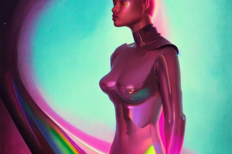 Image similar to patron saint of 🛸🌈👩🏾, futuristic clothing, pink background, warped gravity, neon god of city character portrait, in the style of moebius, wlop, tom bagshaw, and waterhouse, cinematic lighting, beautiful, elegant, oil painting,