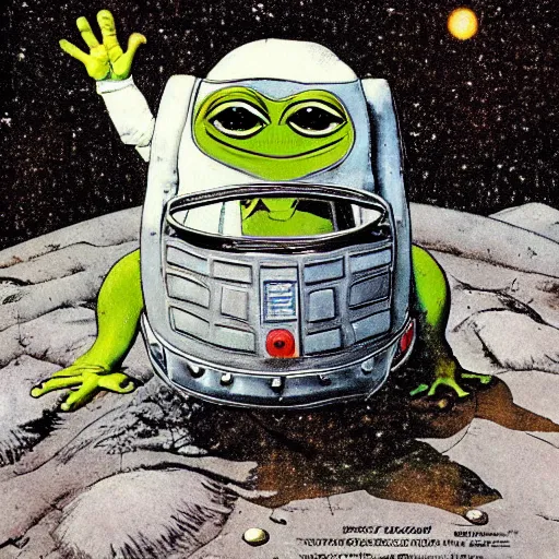 Prompt: pepe the frog landing on the moon by norman rockwell