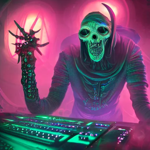 Image similar to cyberpunk undead lich ilithid mindflayer playing synthesizers, honeycomb background, D&D, laser show, highly detailed, realistic, technology and magic,