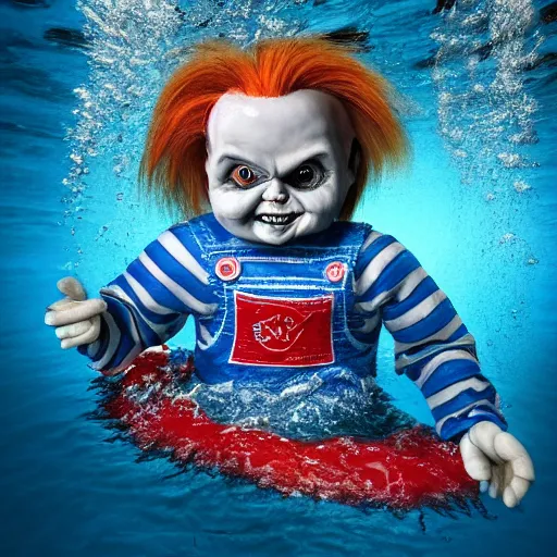 Image similar to screaming chucky doll swimming in deep blue murky water