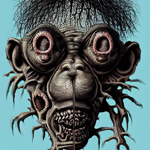 Prompt: deformed hideous pustule covered monkey, sores, bumps, skin wounds, surface hives, growths, horror, fantasy, highly detailed, by Dan Hillier
