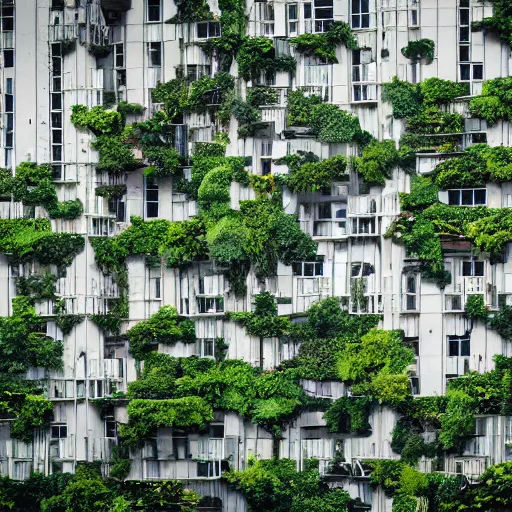 Image similar to Many buildings, covered plants, surviving humans, melancholy, future, high detail