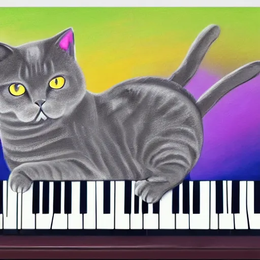 Image similar to grey british shorthair cat sitting playing piano keyboard with abstract musical note background detailed pastel painting 4 k