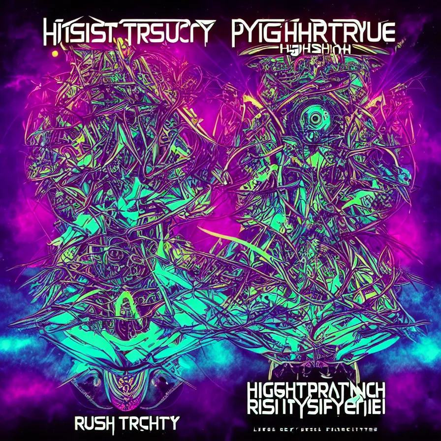 Image similar to a hightech psytrance album covervdesigned by rustypsyfly fir blackout records