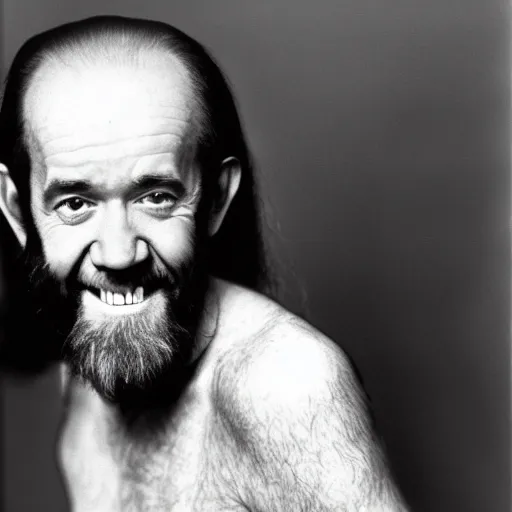 Prompt: George Carlin looking into the camera with Devil horns on his head with devilish grin