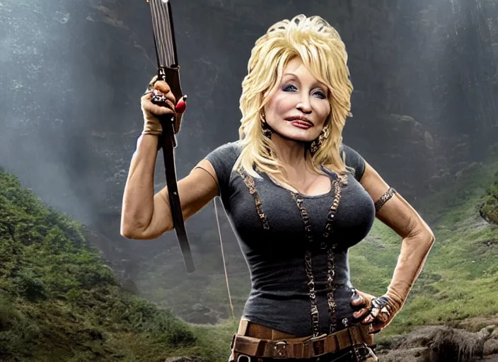 Prompt: film still of!!!! dolly parton!!! as lara croft in new tomb raider movie, 8 k