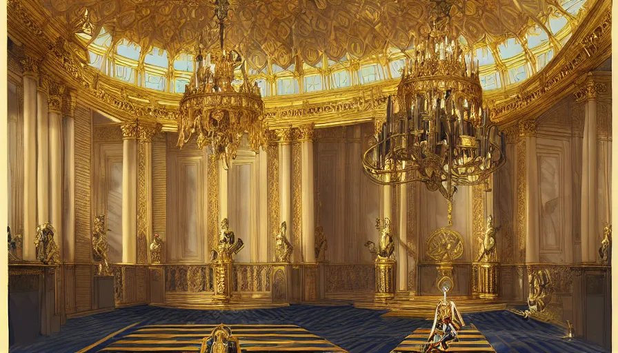 Image similar to the imperial throne room in the palace of versailles of god emperor napoleon bonaparte, napoleon on the throne, dieselpunk, french baroque, rococo, napoleonic, science fiction, steampunk, sharp, concept art watercolor illustration by mandy jurgens and alphonse mucha, dynamic lighting