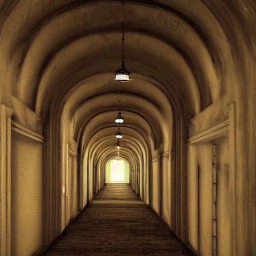 Image similar to a long colorful asylum hallway at night, arched ceiling, one point perspective, vanishing point, symmetrical composition, rich colors, dramatic lighting, by lee madgwick, photorealistic, v - ray render 8 k uhd