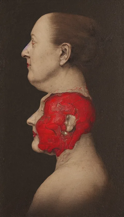 Prompt: a woman's face in profile, with white carapace plates extruding from the skin and red kintsurugi, in the style of the dutch masters and gregory crewdson, dark and moody