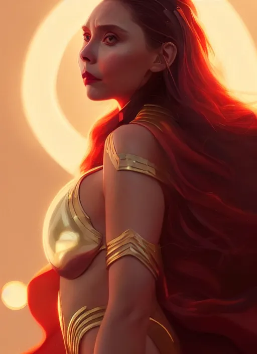 Image similar to portrait of modern darna, elizabeth olsen, intricate, elegant, glowing lights, highly detailed, digital painting, artstation, glamor pose, concept art, smooth, sharp focus, illustration, art by wlop, mars ravelo and greg rutkowski