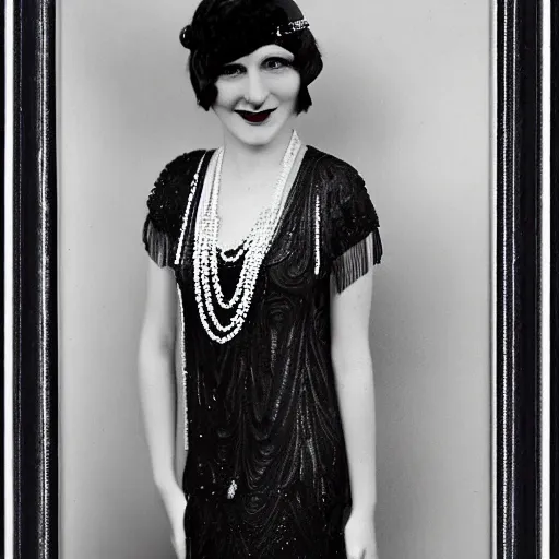 Image similar to a portrait photo of a 1 9 2 0 s woman with a slight smile in a flapper dress, highly detailed, dark, atmospheric, lovecraft