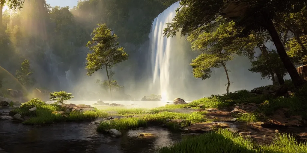 Image similar to stunning landscape, waterfall, god rays, 8 k uhd, unreal engine, octane render in the artstyle of kuindzhi