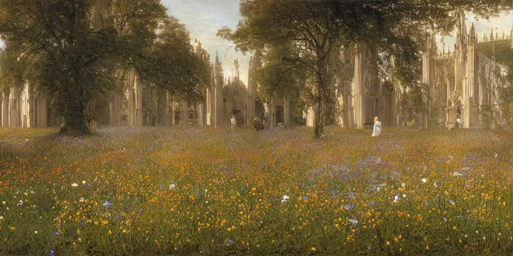 Image similar to a recursive cathedral made of mirrors within a wildflower meadow at dawn, infinite regress, droste effect, in the style of alma tadema