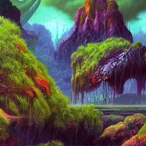 Image similar to digital painting of a lush wet natural scene on an alien planet by gerald brom. digital render. detailed. beautiful landscape. colourful weird vegetation. cliffs.