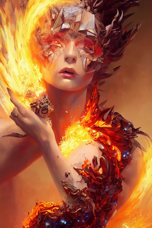 Prompt: torso closeup model wearing exploding fire crystal dress, sorcerer, diamonds, angel, fantasy, dramatic lighting, highly detailed, digital painting, holding electricity, magic the gathering, hyper detailed, 3 d render, hyper realistic detailed portrait, peter mohrbacher, wlop, ruan jia