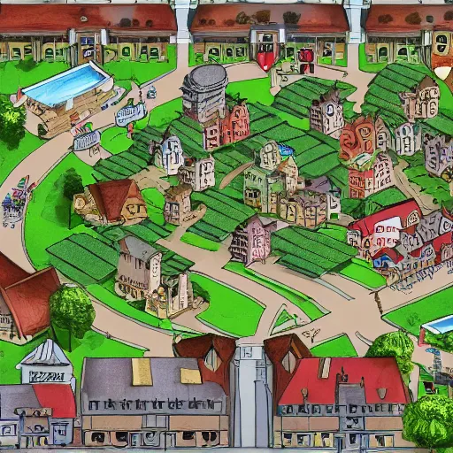 Image similar to a town map with town hall and playground, artstation, concept art