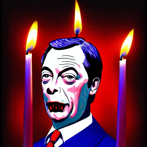 Image similar to nigel farage as count dracula, single candle light, digital painting, detailed, artistic, dramatic colors