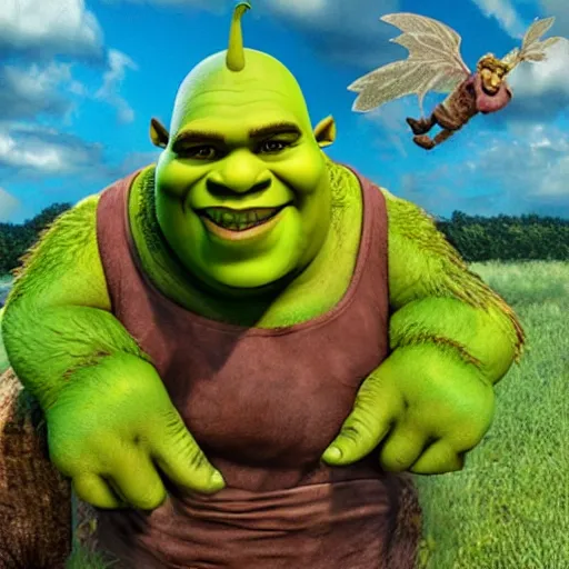 Prompt: giant shrek with wings, thunderstorm, swamp, realism, flying fairies, hot summer chill