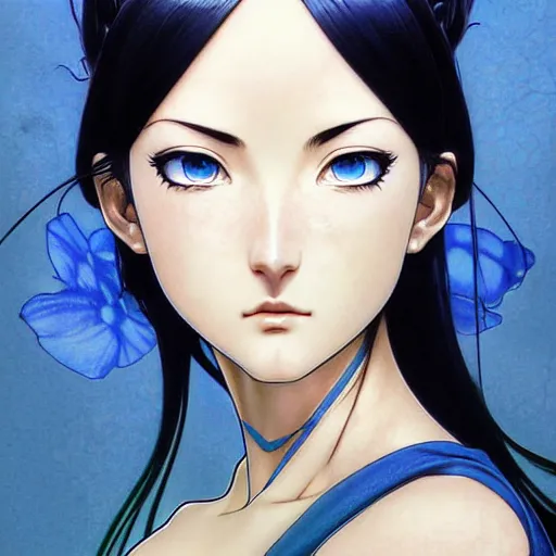 Image similar to intricately detailed vfx portrait of nico robin by eiichiro oda!, makoto shinkai, alphonse mucha, art by artgerm and greg rutkowski!, blue eyes!!, large aquiline nose!!, best of behance, concept art, matte, sharp focus, adolphe bouguereau, annie leibovitz, stanley kubrick,